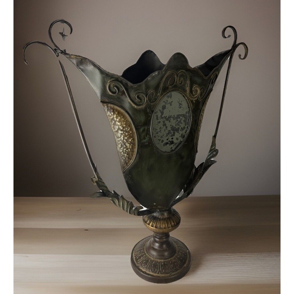 Antique Metal Planter Fireplace Accessory Holder Embossed Floral Vintage